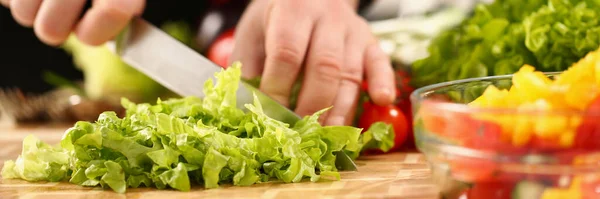 Ein Männlicher Koch Schneidet Mit Einem Messer Einen Grünen Salat — Stockfoto