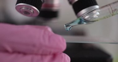 Bilim adamı mavi damlayı mikroskop altında yakından incelemek için pipetle uyuşturuyor. Zehirli ve zehirli sıvılar üzerine çalışmalar