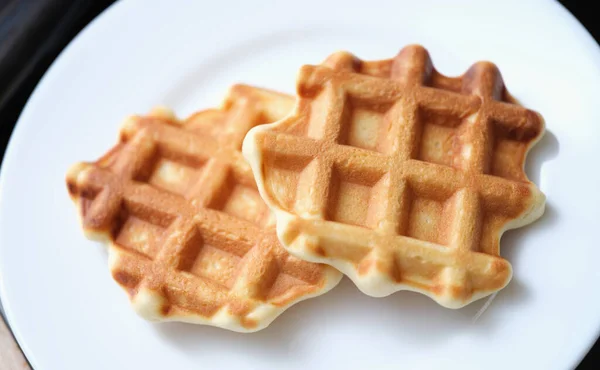 Fresh Delicious Homemade Waffles White Plate Delicious Breakfast Concept — Stock Photo, Image