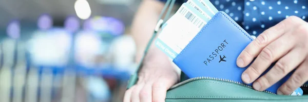 Hombre Poniendo Pasaporte Con Boletos Avión Primer Plano Bolsa Del — Foto de Stock