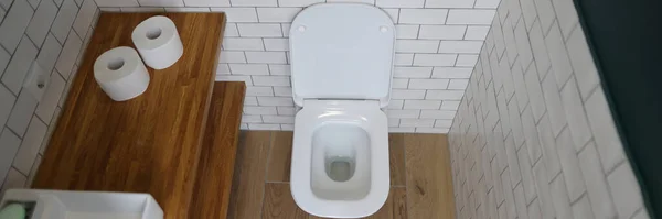 Top View Modern Bathroom Interior Wooden Shelves White Sink Toilet — Stock Photo, Image