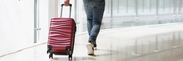 Man Carrying Suitcase Airport Terminal Close Rear View Travel Arrival — Stock Photo, Image