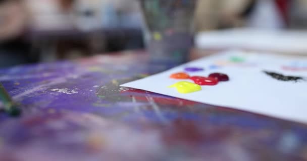 Tools Multicolored Paints Drawing Creativity Zone Interior Art Studio Concept — Video Stock