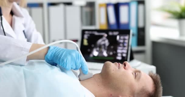 Thyroid Scan Ultrasound Scanner Machine Hospital Patient Doctor Passes Ultrasound — Video