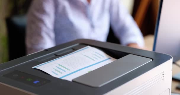 Printer Prints Documents Financial Business Charts Working Woman Preparing Marketing — Vídeos de Stock