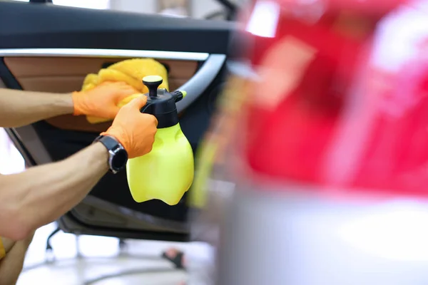 Cropped View Car Washer Holding Rag Aerosol Can Washing Car — Stockfoto