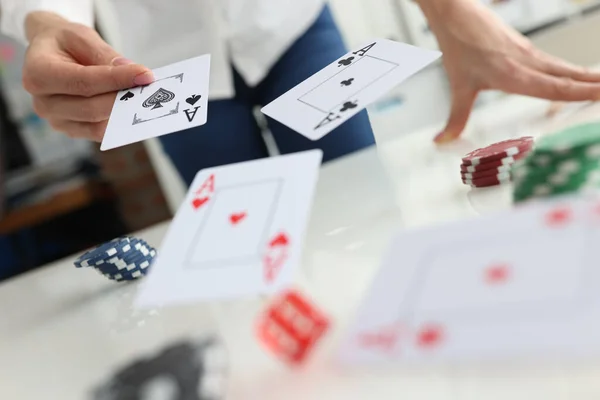 Person Throws Playing Cards Table Playing Poker Gambling Casino — Foto de Stock