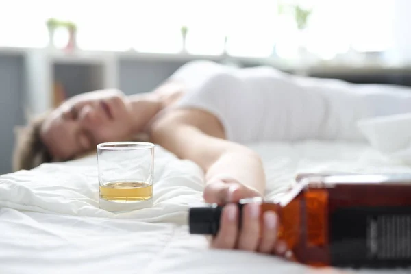 Drunk Young Woman Lies Bed Bottle Alcohol Female Alcoholism Depression — 스톡 사진