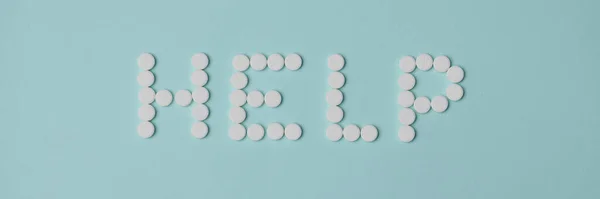 Visão Superior Ajuda Lettering Feita Com Pílula Redonda Branca Prescrição — Fotografia de Stock