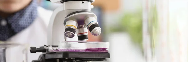 Kadın Bilim Adamının Yakın Çekimi Laboratuvarda Mikroskop Altında Mor Örneği — Stok fotoğraf