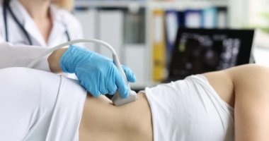 Ultrasound examination of abdominal cavity and kidneys closeup. Medical ultrasound of internal organs of abdominal cavity concept