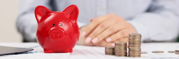 Close Person Accountant Working Place Stack Coins Red Piggy Bank — Stock Photo, Image