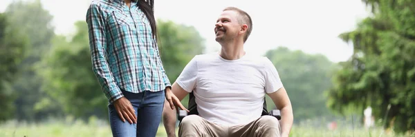 Portrait Man Sit Wheelchair Female Visitor Spend Time Friend Nursing — Fotografia de Stock