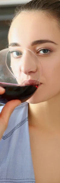 Portrait Female Drinking Red Wine Glass Enjoying Tasty Drink Glass — Stock Photo, Image