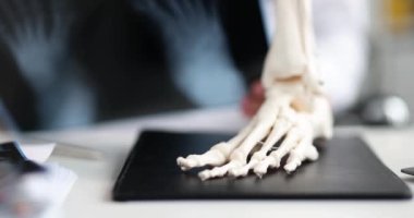Ayağın anatomik modeli, masadaki iskeletin bir parçası, yakın plan. Eklemlerin ve röntgenlerin hastalıklarının teşhisi