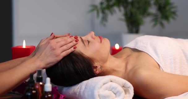 Cosmetologist Stroking Forehead Woman Aging Facial Massage Close Spa Treatments — Vídeos de Stock
