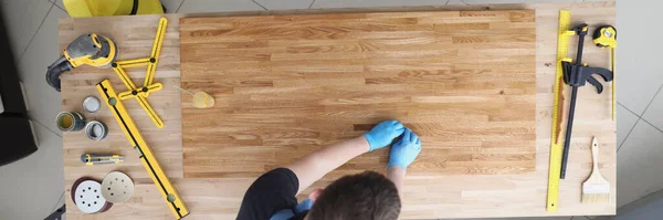Top View Carpenter Male Lacquer Wooden Plank Work Qualified Worker — Fotografia de Stock