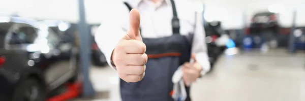 Close Male Worker Uniform Showing Thumbs Posing Garage Fixed Car — Stock Photo, Image