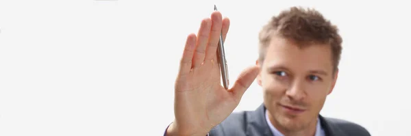 Portrait Handsome Businessman Wave Hello Holding Silver Pen Hand Successful — Fotografia de Stock