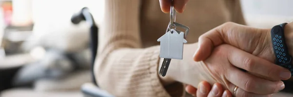 Close Realtor Give Keys New Accommodation Woman Wheelchair Kind Handshake — 스톡 사진