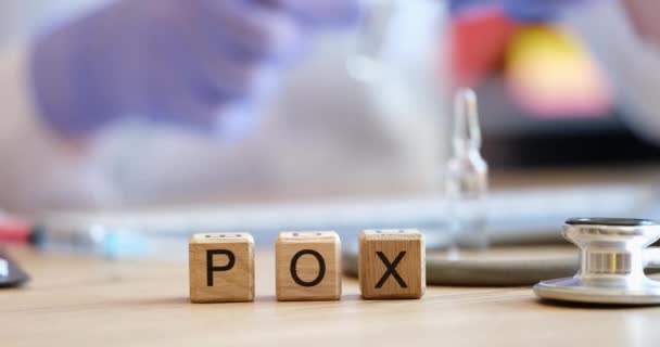 Pox Wooden Cubes Nurses Table Close Vaccination Infectious Disease Laboratory — Vídeo de stock
