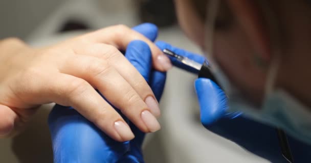 Manicurist Applies Transparent Gel Womans Nails Close Strengthening Nail Plate — Stockvideo