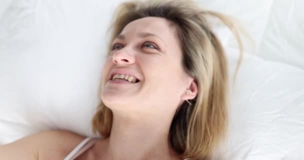 Joyful Woman Lying Bed Smiling Smartphone Camera Selfie Close Front — 비디오
