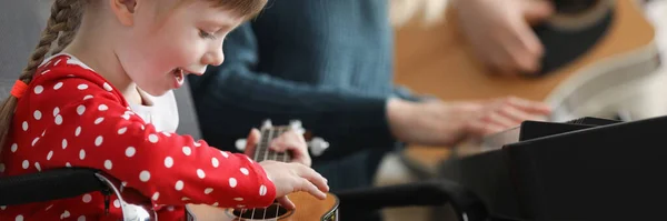 Portrait Happy Child Playing Guitar Learn New Song Musical Instrument — Stock Photo, Image