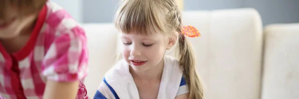 Portrait Little Blonde Girl Busy Playing Card Game Table Home — Stock Photo, Image