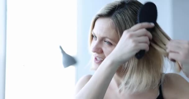 Upset Woman Comb Hair Loss Hair Loss Stress Concept — Stock Video