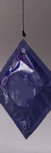 Blue Condom Packaging Gray Background Safe Sex Rules Concept — Stock Photo, Image