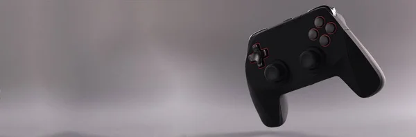 グレーの背景にボタン付きブラックゲームジョイスティック プレーヤーのためのエンターテイメント機器 — ストック写真