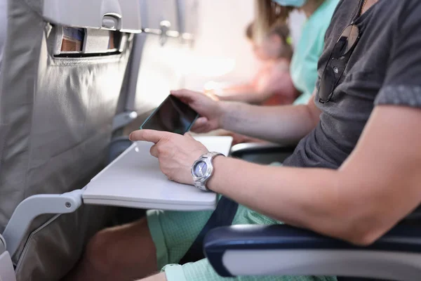 Man Hands Smartphone Sits Cabin Airplane Train Travel App Concept — Stockfoto