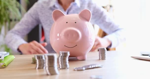 Business Woman Making Roof Her Hands Piggy Bank Coins Closeup — Stockvideo