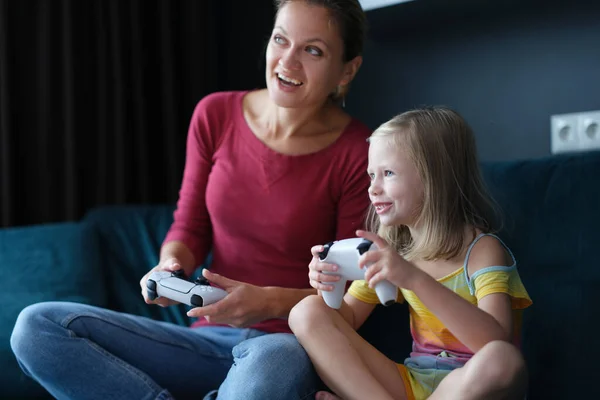 Mother Baby Girl Playing Video Games Happy Family Together Having —  Fotos de Stock