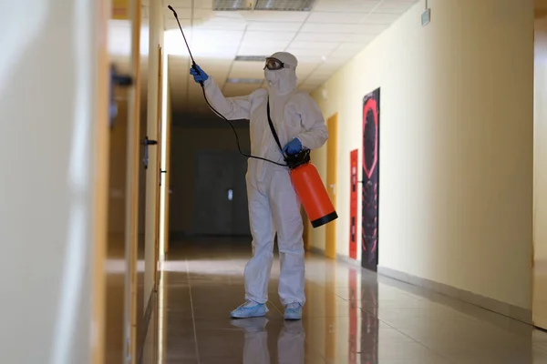 Person Protective Suit Disinfectant Cleaning Public Area Pandemic Carrying Out — Stock fotografie