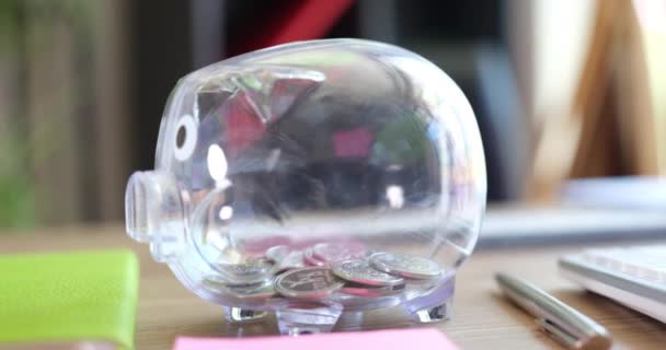 Glass Transparent Piggy Bank Filled Money Close Coins Banknotes Storage — Vídeo de Stock