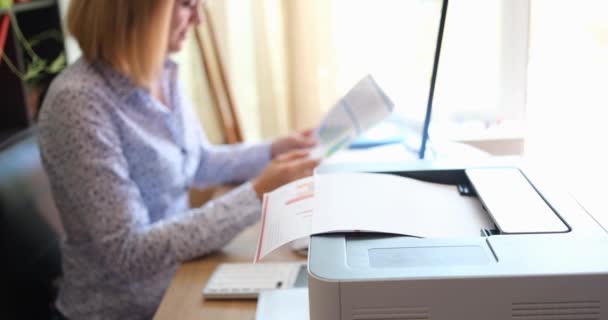Woman Sitting Office Prints Documents Printer Close Workplace Financier Document — ストック動画