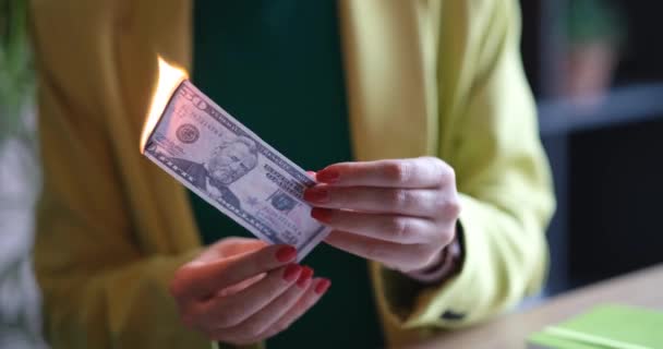 Woman Office Burns Dollars Close Inflation Depreciation Dollar Counterfeit Money — Wideo stockowe