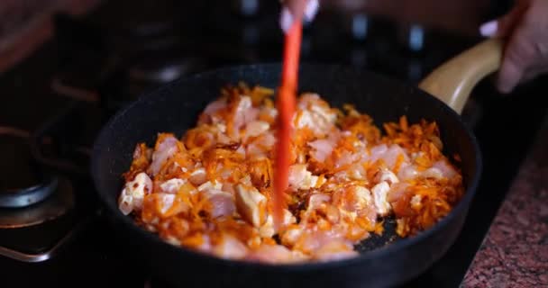 Fried Pork Chicken Fillet Hot Butter Fried Carrots Home Cooking — Stock video