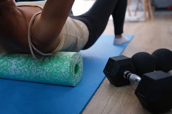 Closeup Woman Riding Cork Massage Roller Relieve Tension Back Muscles — Fotografia de Stock