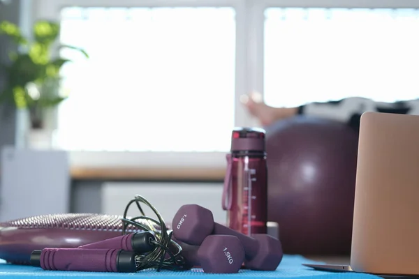 Gym equipment for training at home closeup. Fitness items for training healthy lifestyle concept