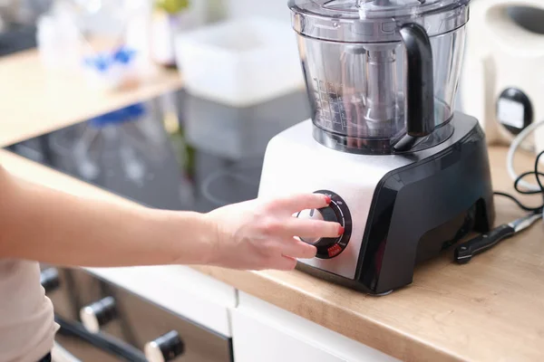 Woman Switches Button Electric Blender Kitchen Kitchen Appliances Chopping Mixing — Stok fotoğraf