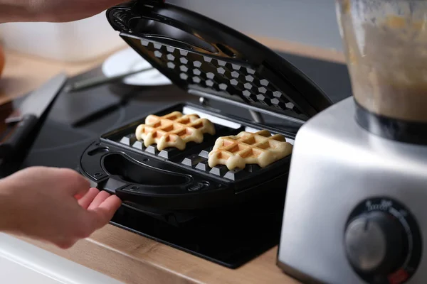 Woman Prepares Homemade Belgian Waffles Kitchen Closeup Waffle Iron Breakfast — Stock Fotó