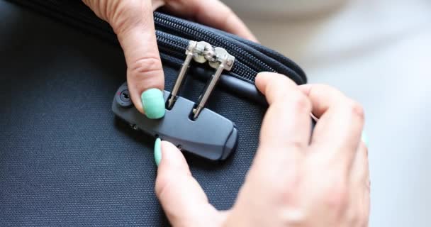 Closeup Woman Hand Closes Opens Suitcase Bag Combination Lock Picking — Video