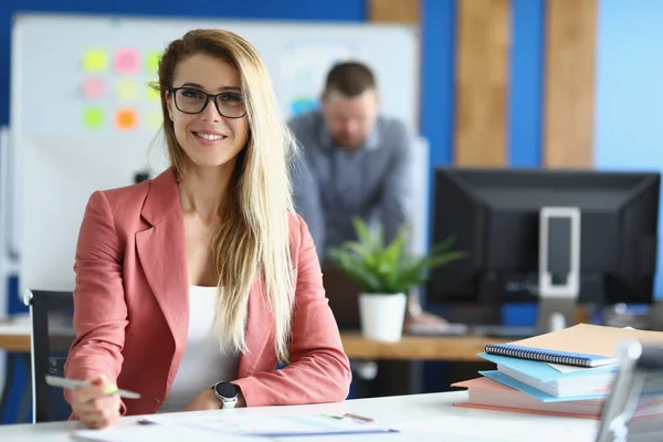 Portrait Smiling Business Woman Glasses Office Beautiful Business Woman Working — Stock Fotó
