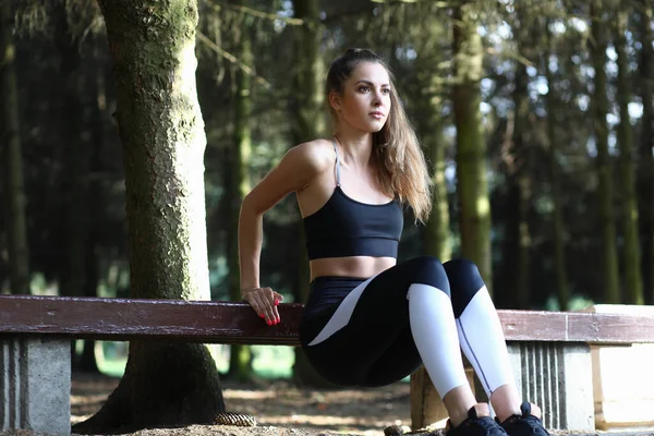 Female Trainer Goes Sports Outdoors Park Athlete Doing Favorite Work — Stockfoto