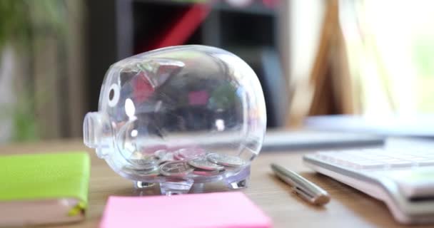 Glass Piggy Bank Office Filled Coins Dollars Timelapse Regular Savings — Video
