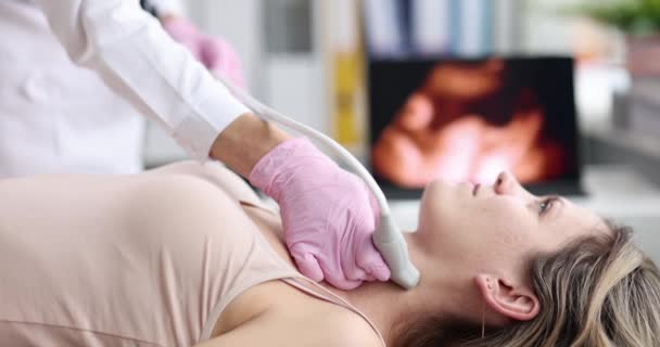 Doctor Process Ultrasound Neck Woman Close Slow Motion Diagnostics Disease — Vídeo de stock