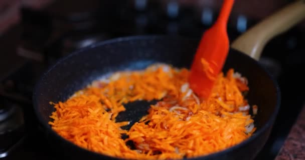 Grated Orange Carrots Fried Frying Pan Boiling Oil Close Making — Video Stock